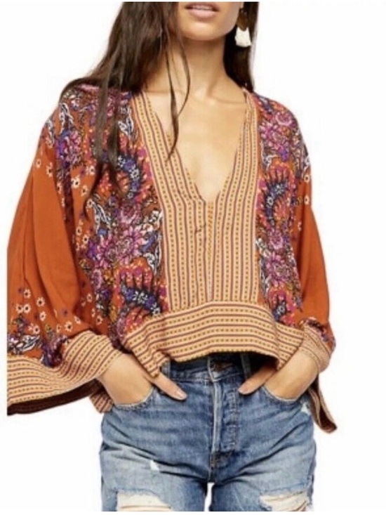 Free People Tops - Free People Floral Boxy Peasant Boho Blouse in Rust